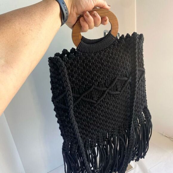 Anthropologie Danielle Nicole Black Boho Retro Macrame Bag Crossbody Tote Gypsy - Picture 5 of 7